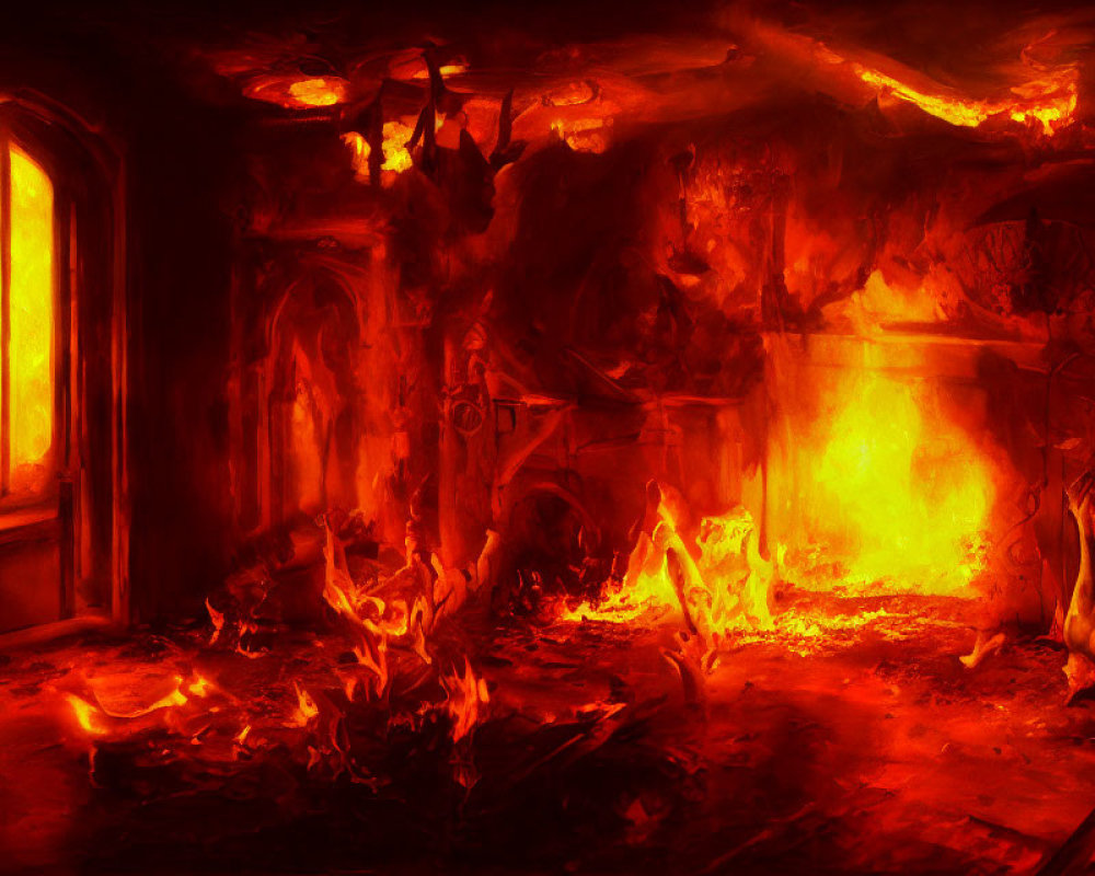 Fiery infernal room with red and orange hues engulfed in flames