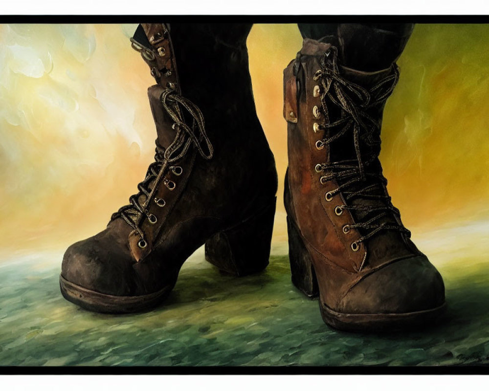 Worn lace-up boots on blurred yellow and green background