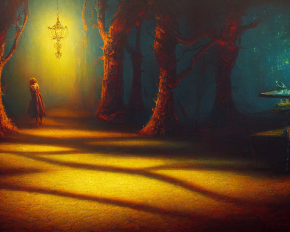 Mystical forest scene with eerie trees, woman, shadowy figure, chandelier, and table