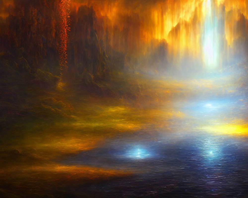 Luminous river and glowing trees in fantastical landscape