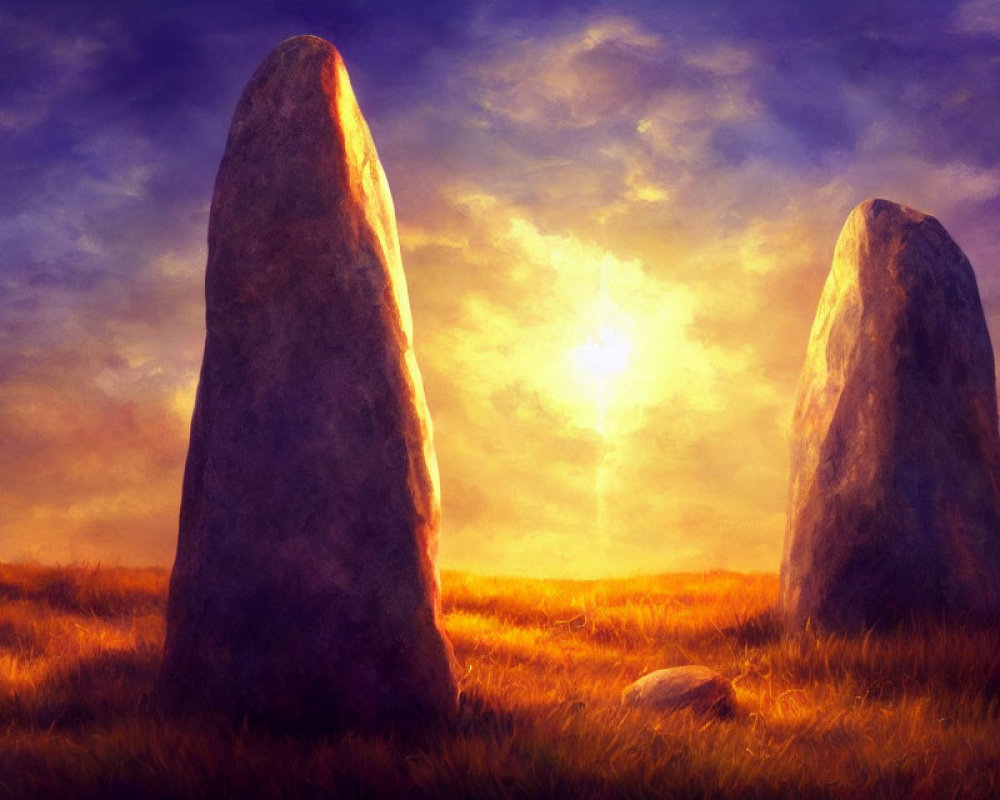 Ancient Standing Stones in Field at Sunset with Dramatic Sky