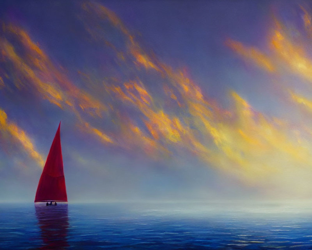 Red Sail Sailboat Sailing on Calm Sea with Dramatic Sky