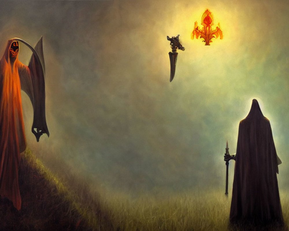 Fantasy scene with figures in orange cloak, skull mask, scythe, glowing figure, and staff