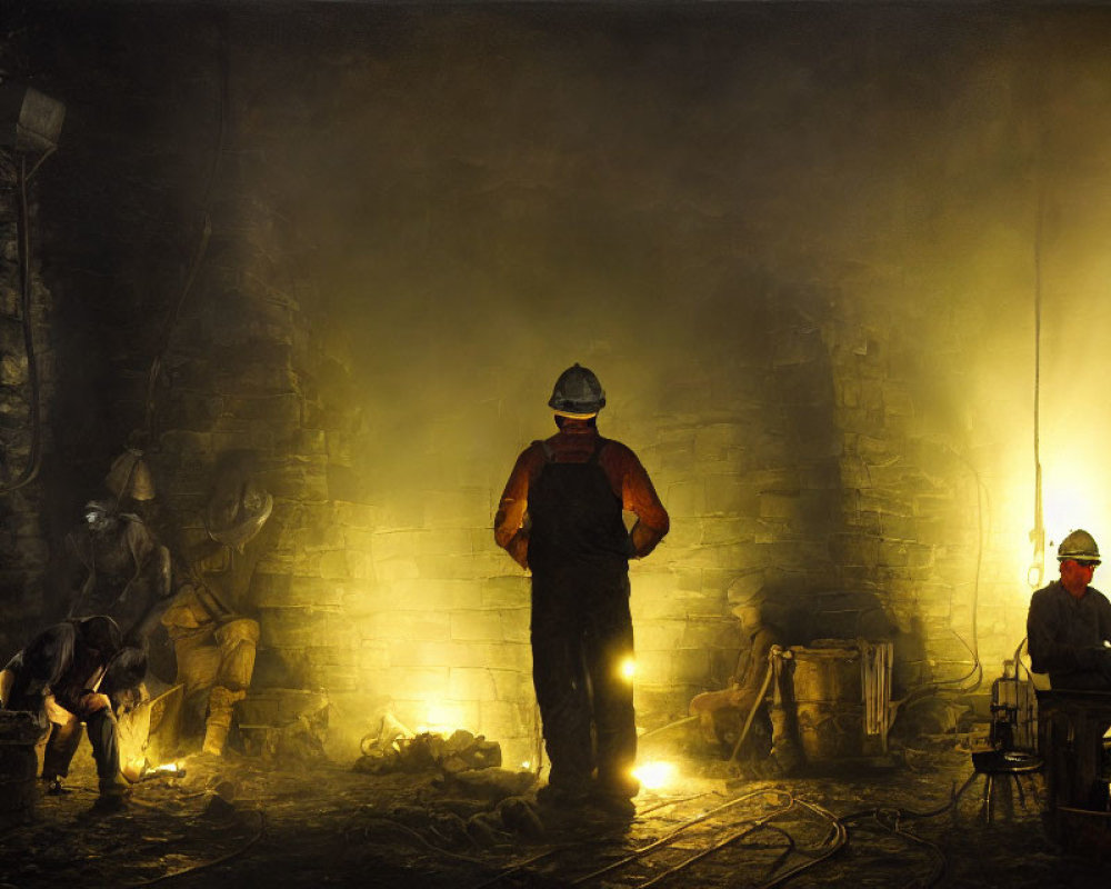 Industrial workers under warm artificial light in dim setting