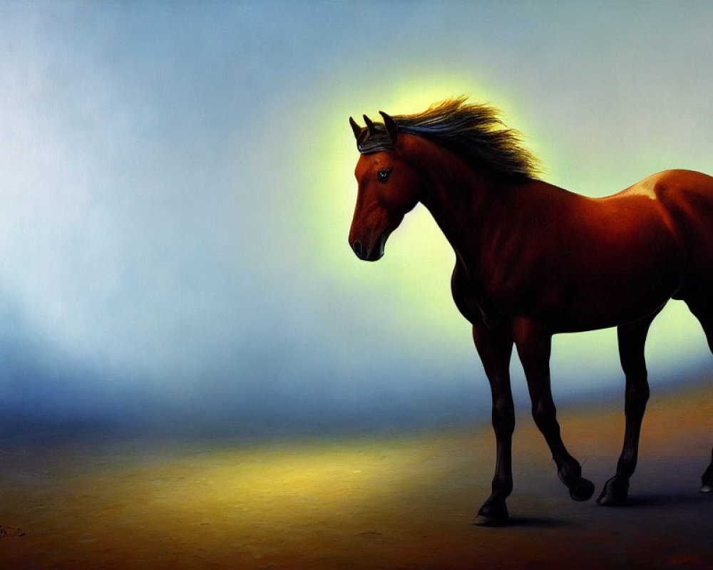 Brown Horse with Flowing Mane Against Ethereal Background