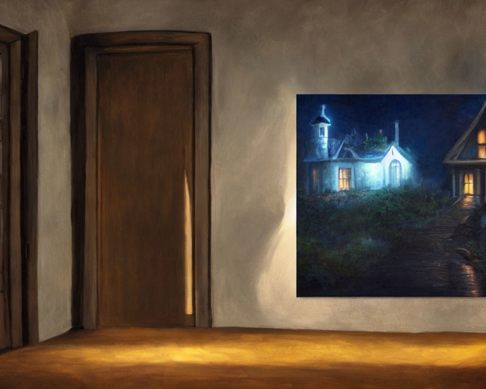 Cozy interior with wooden door and night scene painting