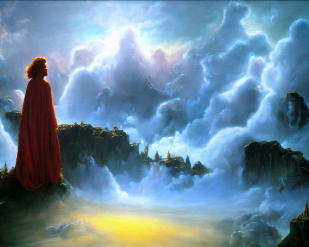 Robed Figure on Cliff with Fantastical Landscape