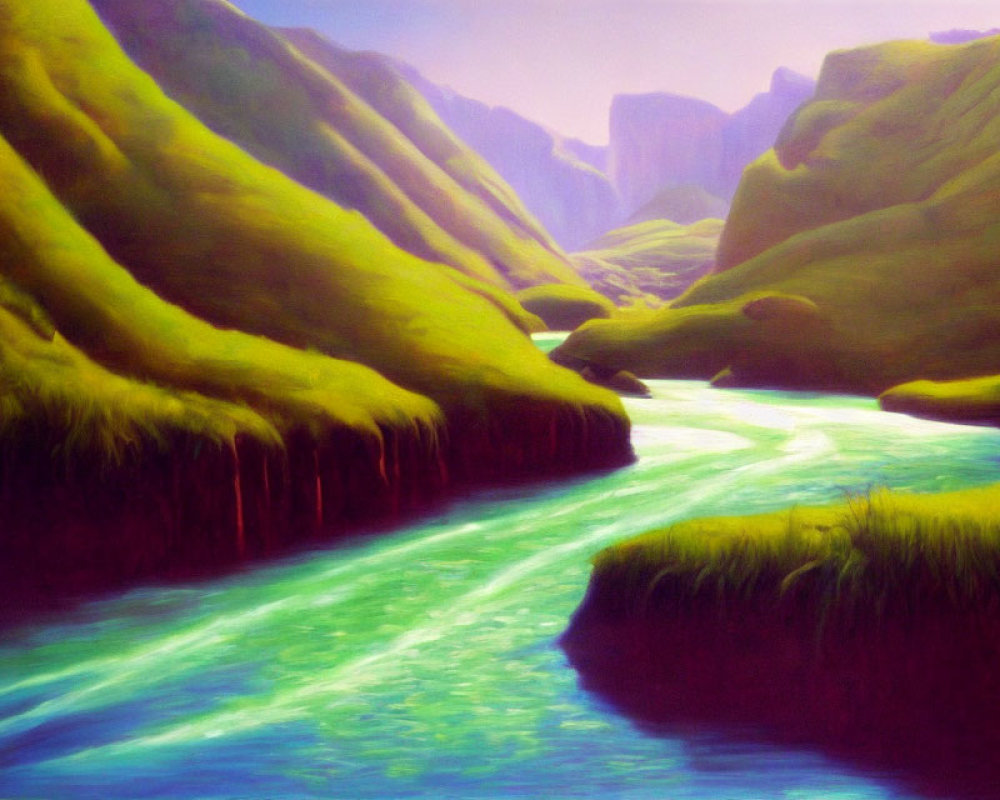 Tranquil landscape: green river, rolling hills, warm light