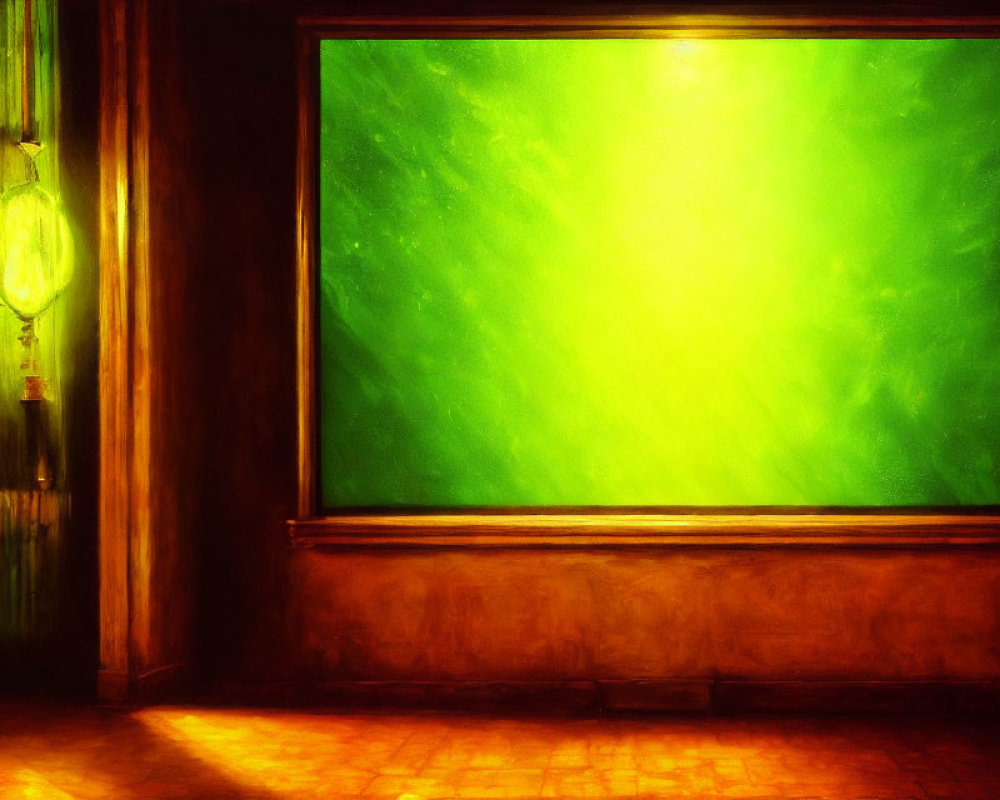 Abstract green painting in dimly lit room with antique wall lamp