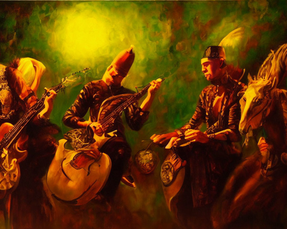 Fantastical painting of four musicians playing instruments in warm light