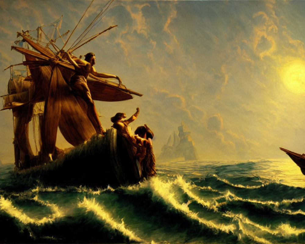 Golden sun illuminates dramatic seascape with ancient ship navigating rough waters.