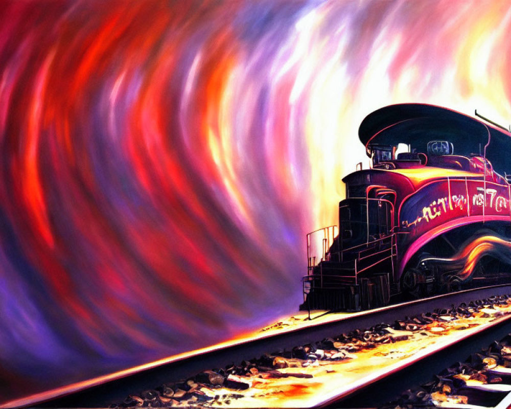 Colorful Train Painting with Swirling Background Energizes Scene