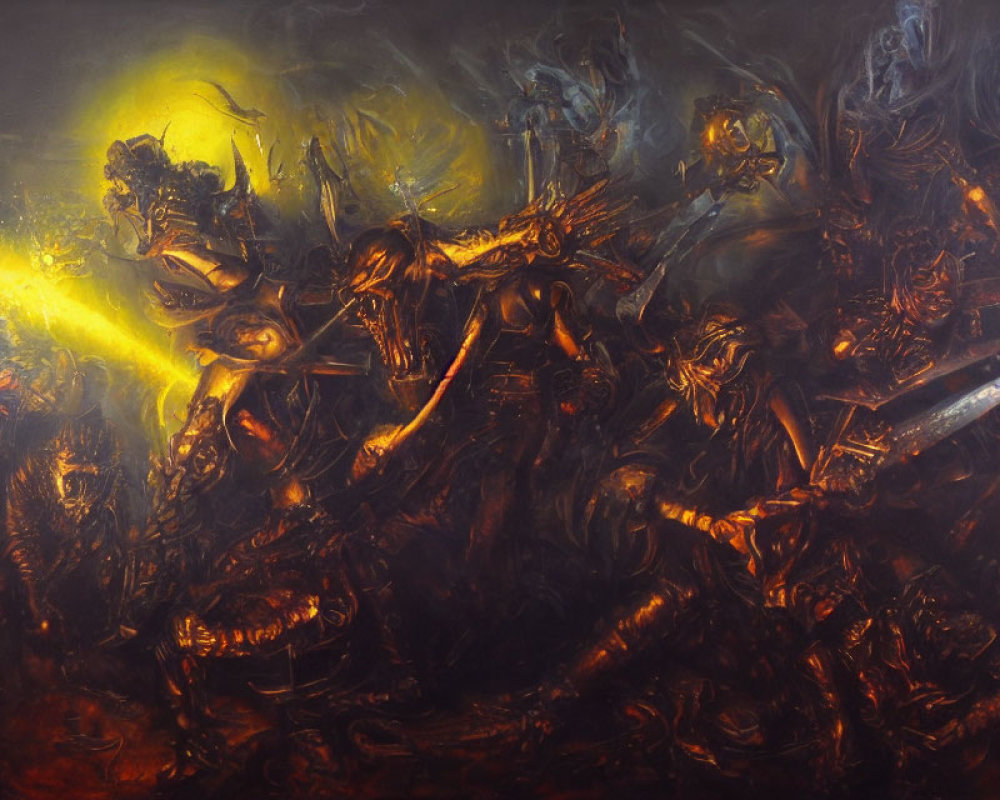 Fantasy Battle Scene with Armored Warriors and Central Figure Emitting Light