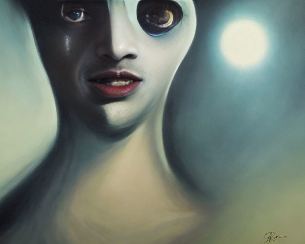 Enlarged dark eyes and glossy lips in surreal portrait