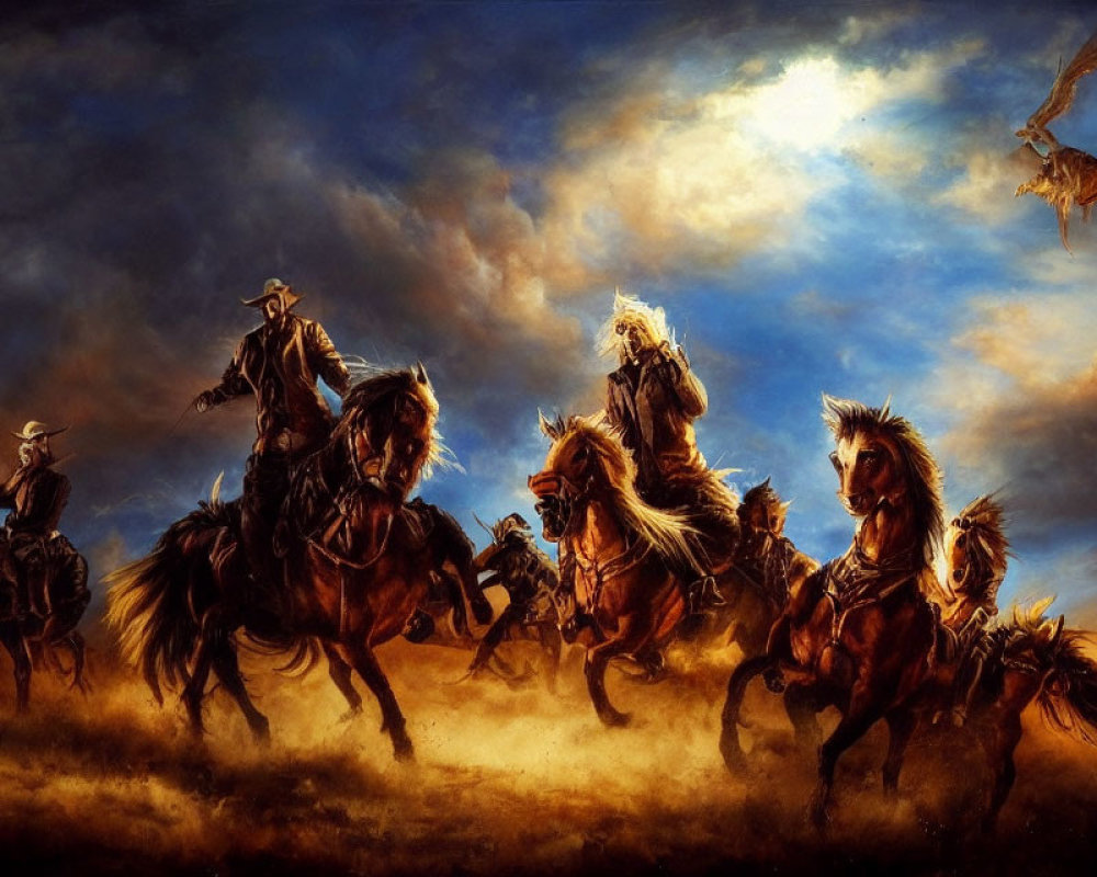 Dramatic painting of galloping cowboys under dark skies