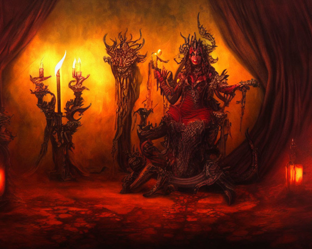 Dark Room Scene: Figure in Red with Horned Headgear on Throne