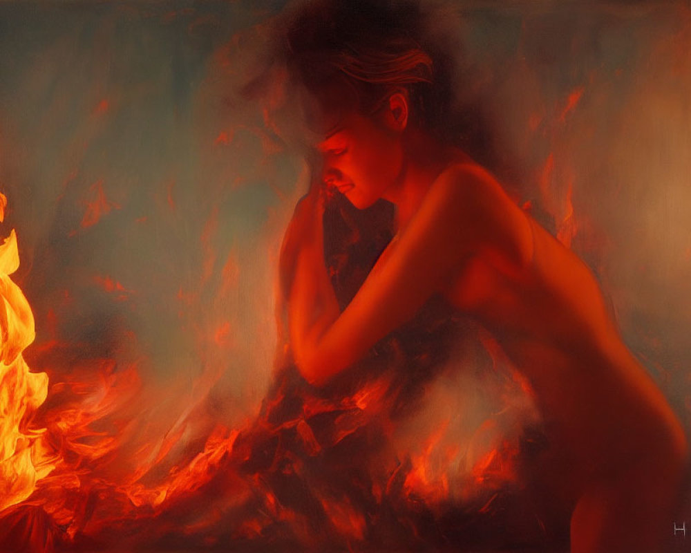 Person in Warm Color Palette Contemplating Beside Flames