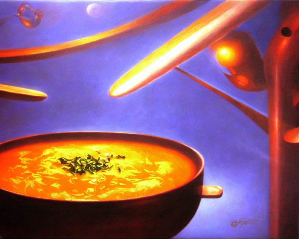 Colorful Bowl of Soup Painting with Steam Lines and Whimsical Background