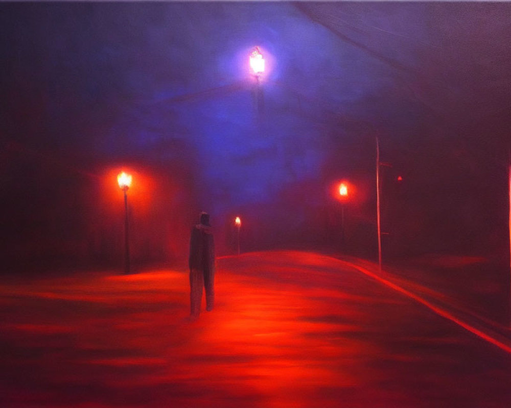 Solitary Figure on Red Street Under Streetlights