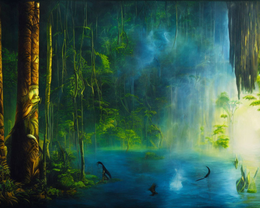 Lush Green Rainforest with Mist and Sunlight