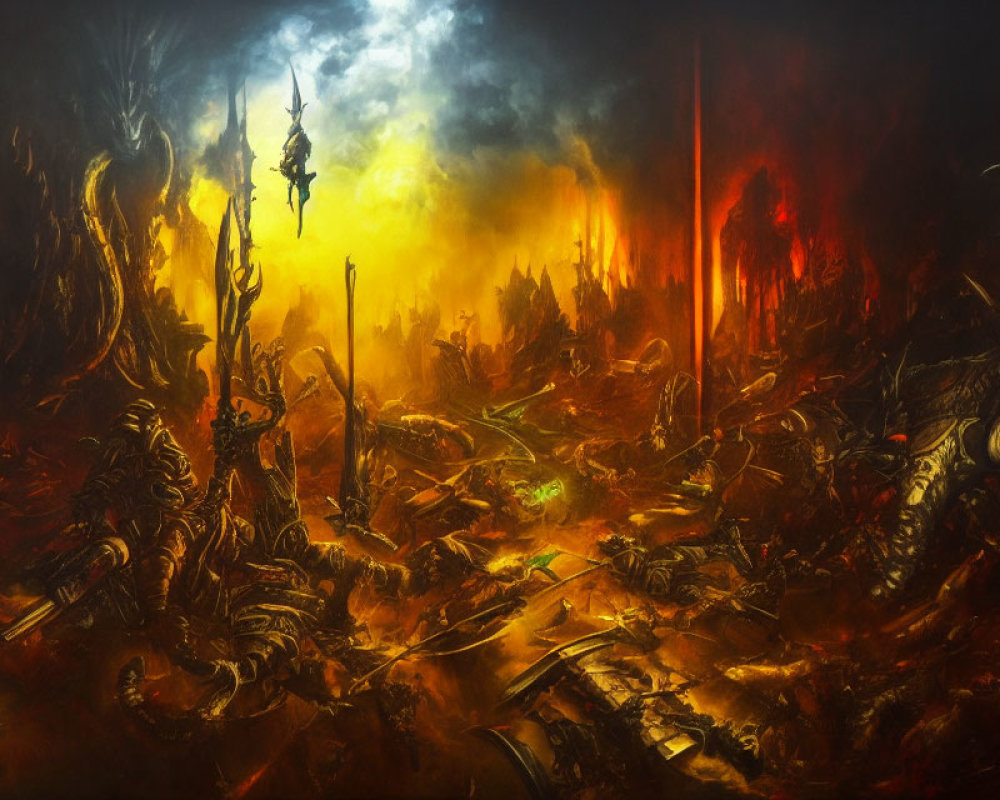 Dark, fiery battlefield with monstrous creatures and hanging figure in chaotic, apocalyptic scene.