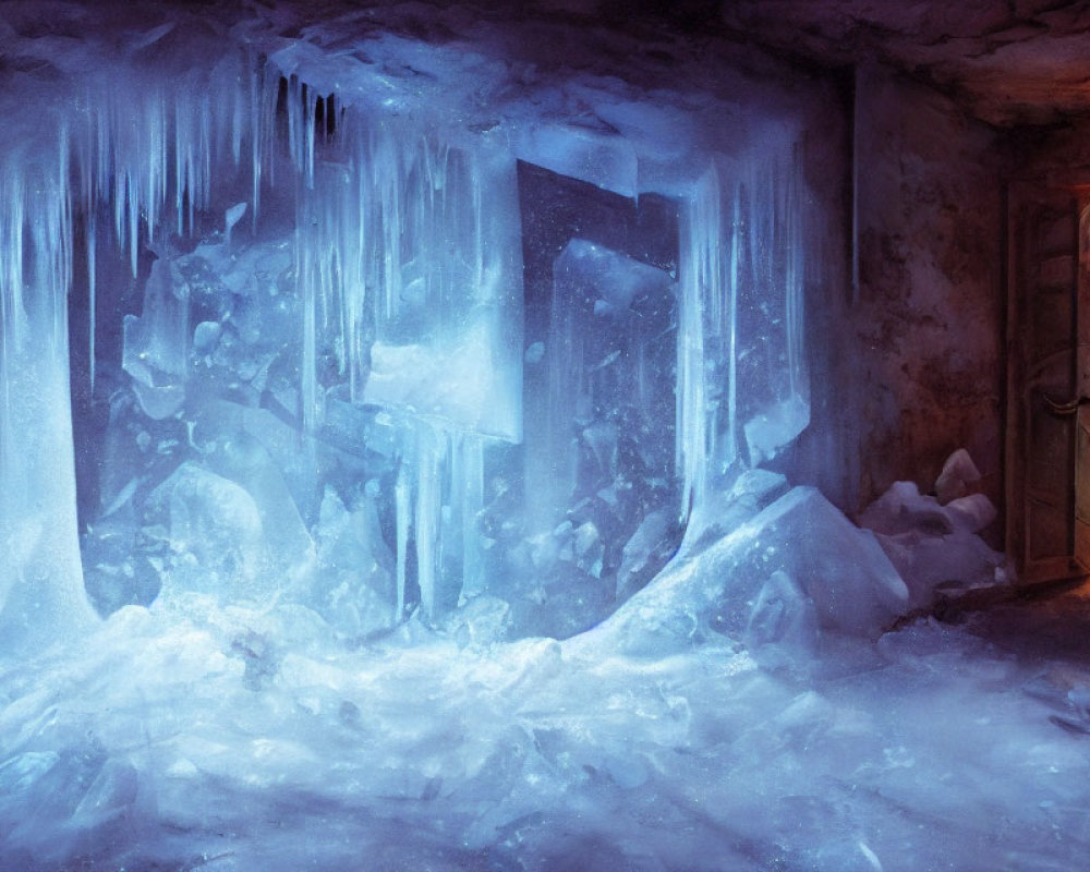 Frozen Room with Icicles, Ice Floor, and Ajar Wooden Door