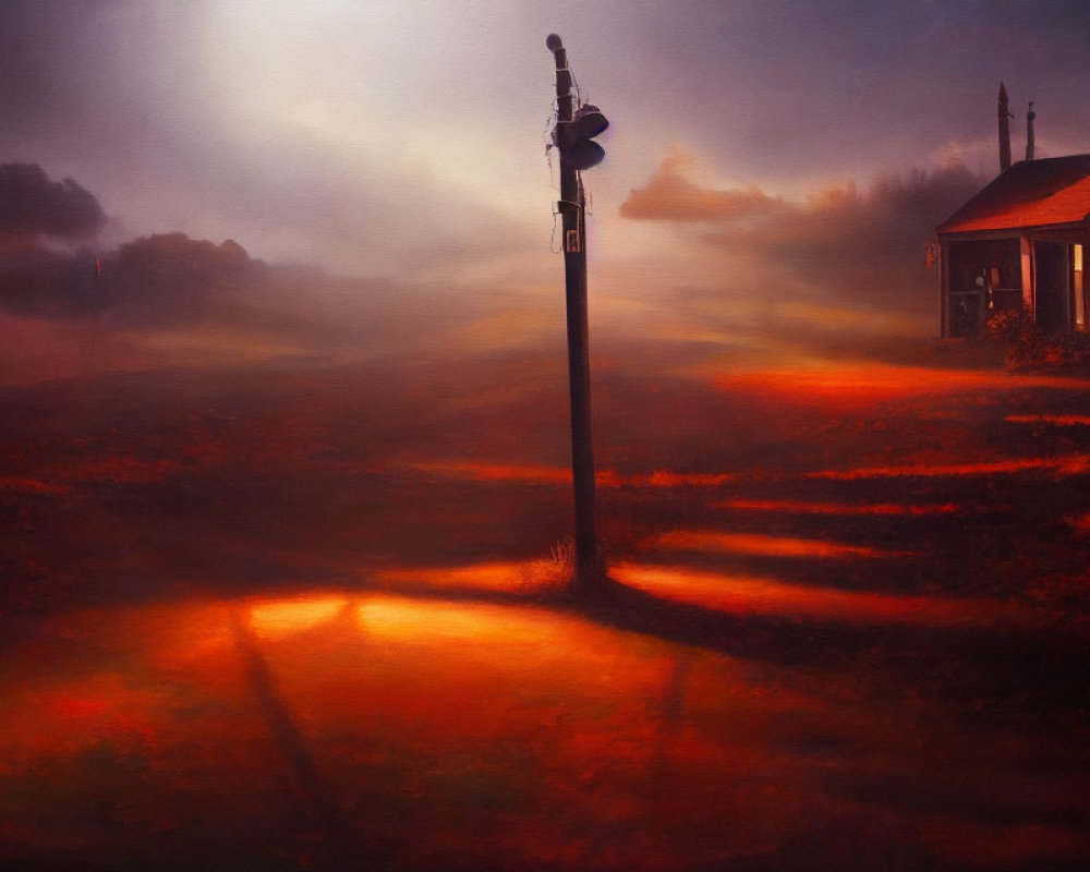 Dreamy Landscape at Dusk with Streetlamp and Fog-Covered Ground