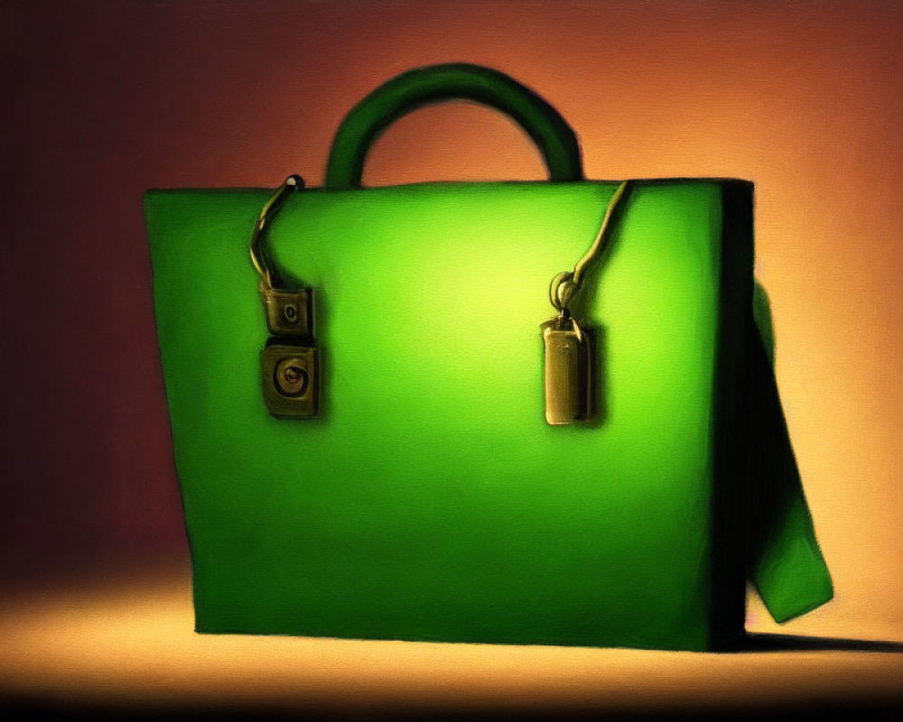 Green Briefcase with Golden Locks and Tag on Beige Background in Soft-focus Impressionistic Style