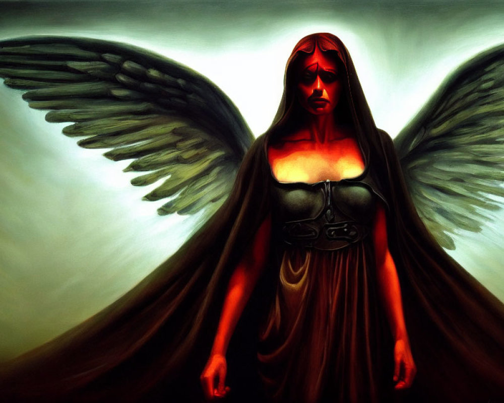 Somber angel with black wings in dark dress against swirling backdrop