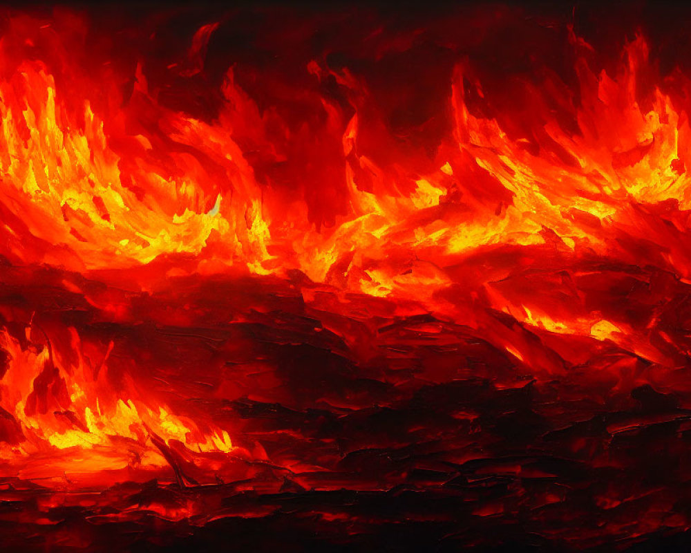 Vibrant abstract painting of fiery red and orange flames