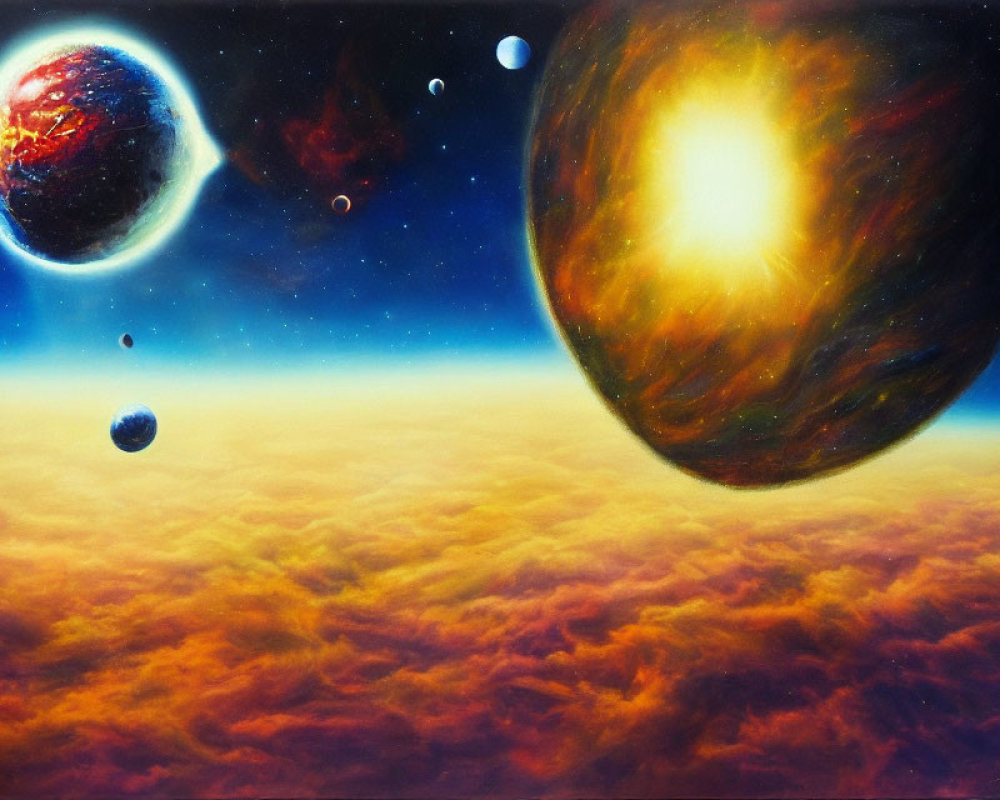 Colorful planets and moons in vibrant space scene