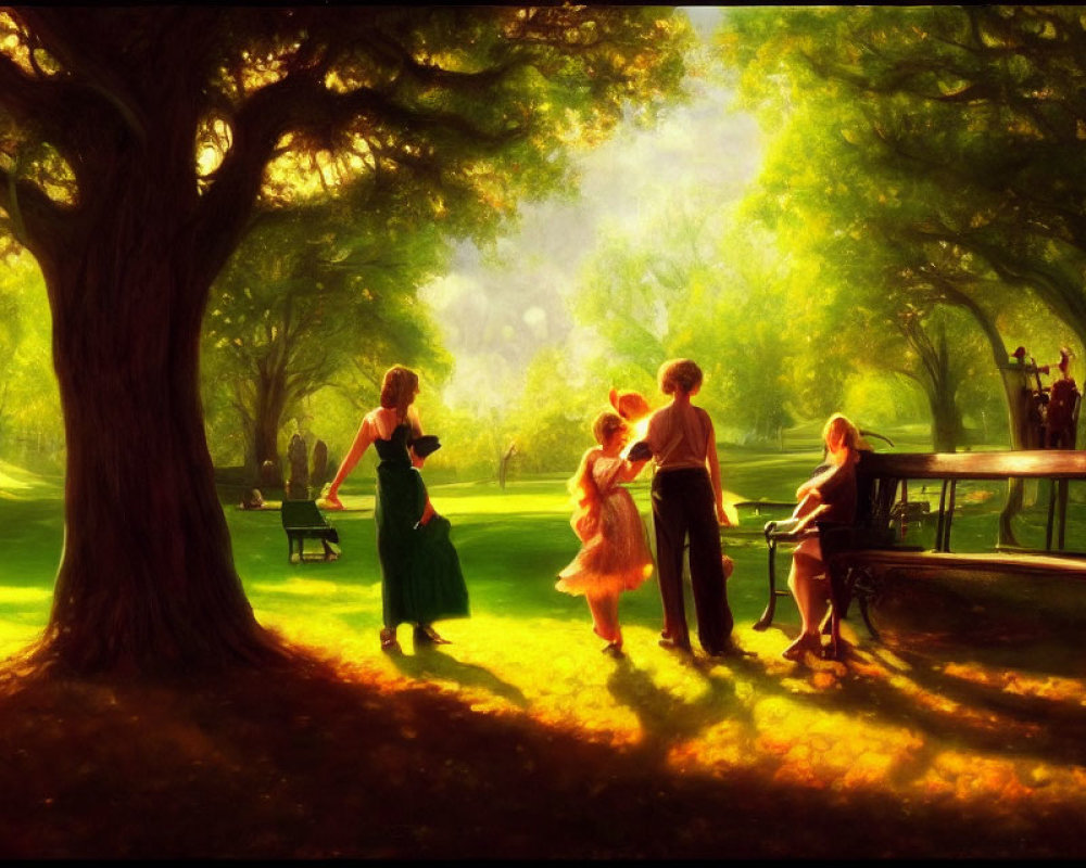 Park scene: Sunlit trees, people walking and chatting, serene ambiance