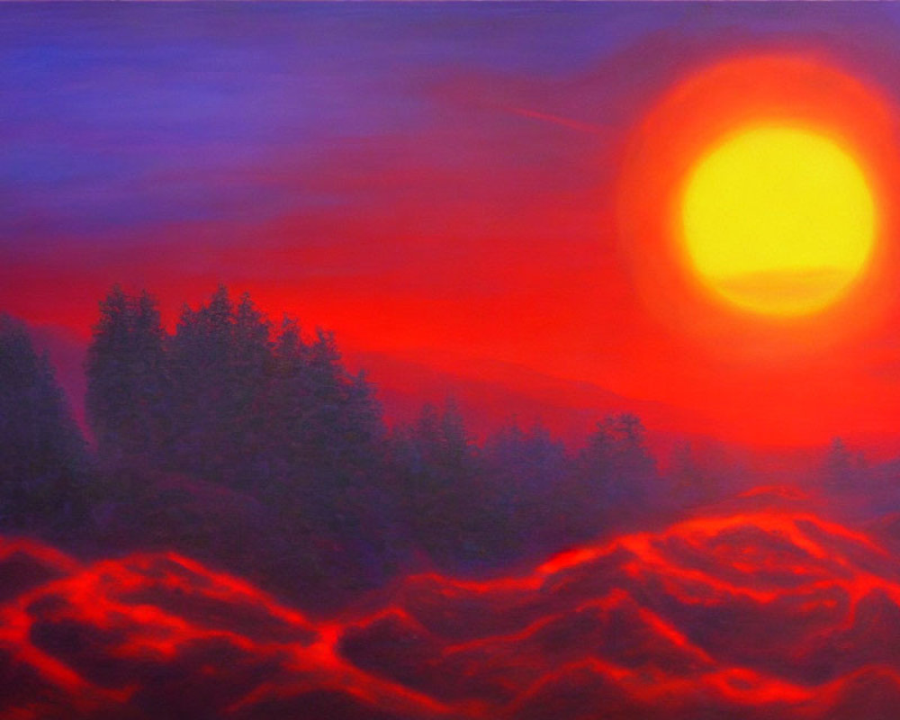 Colorful landscape painting with large setting sun and silhouetted trees