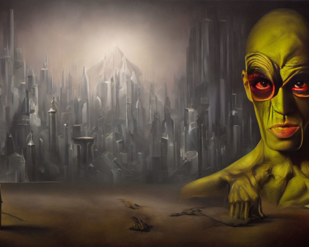 Surreal portrait of green-skinned humanoid in dystopian cityscape