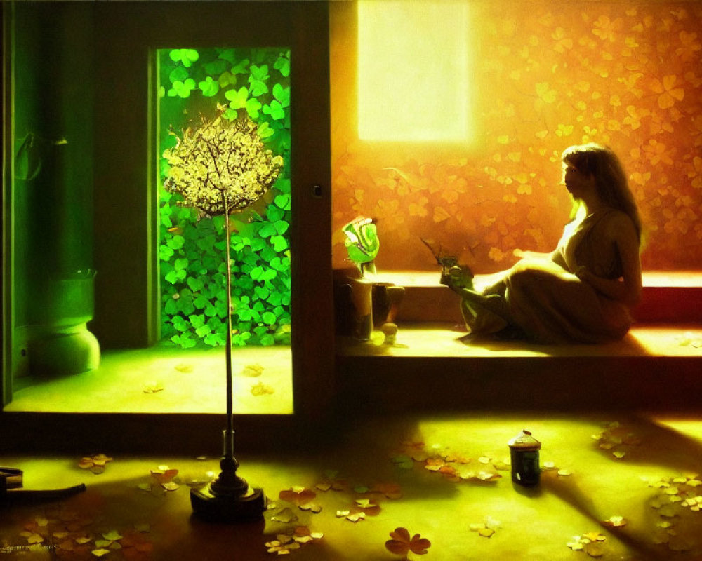 Woman sitting by open door in warm light surrounded by fallen leaves and whimsical tree-shaped lamp