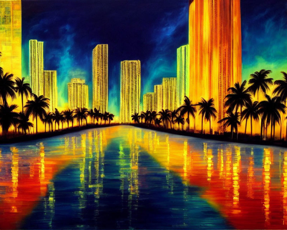 Colorful cityscape painting at sunset with palm trees and water reflections