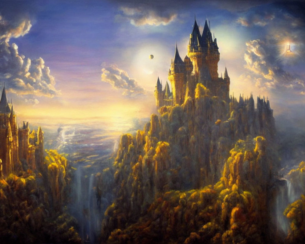 Majestic castle on cliff with waterfalls under golden sunlight