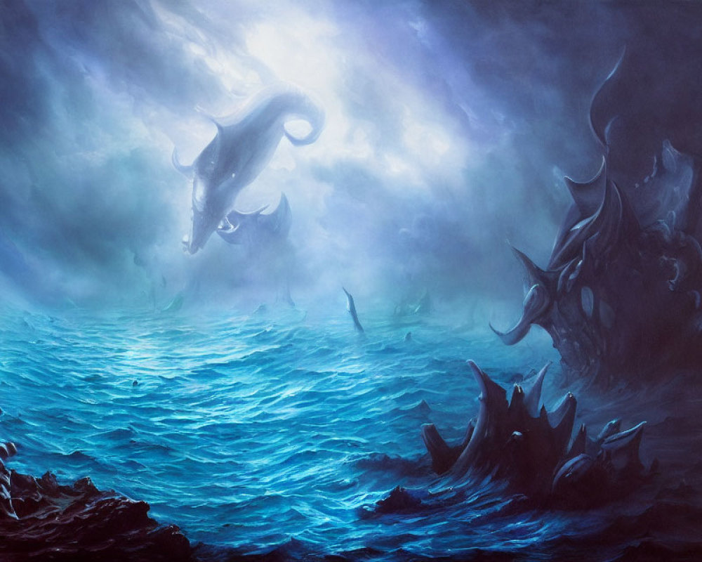 Fantastical ocean scene with giant creatures in stormy sky