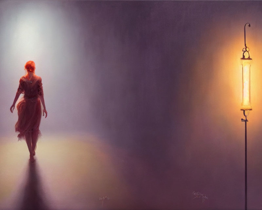 Serene painting of red-haired woman in misty setting