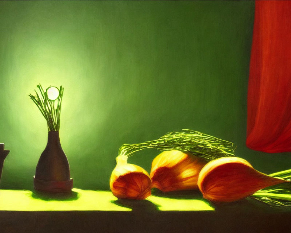 Classic still life painting: onions, vase, red curtain, green background