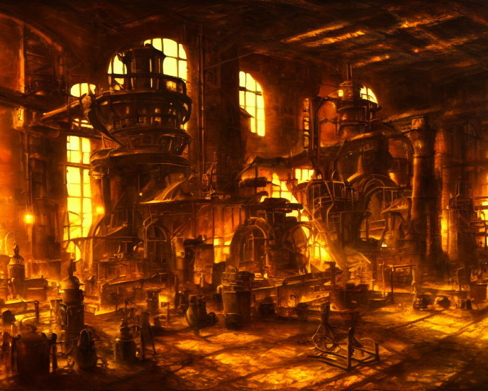 Dimly Lit Industrial Interior with Tall Machines and Glowing Furnaces