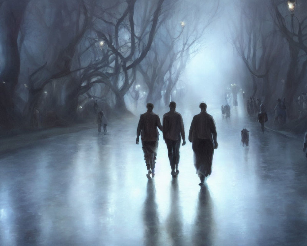 Silhouetted figures walking on foggy mirror-like surface with bare trees.