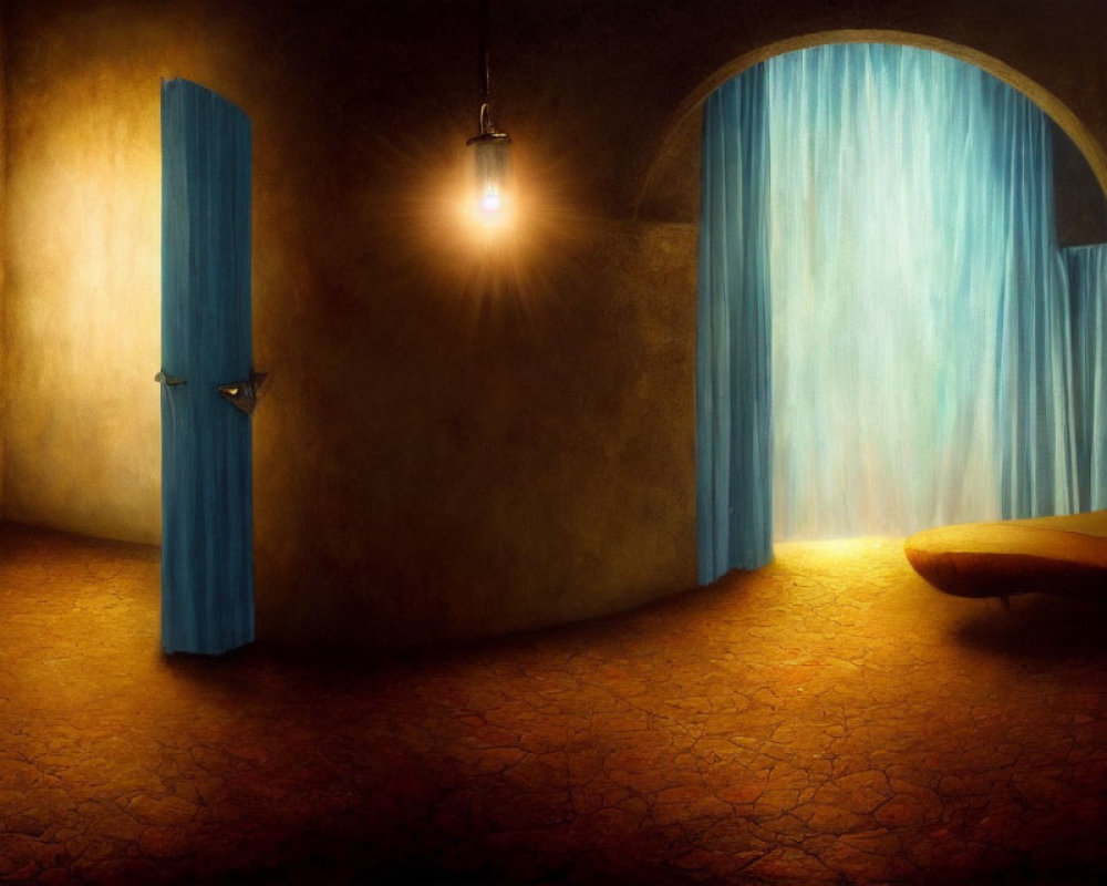 Room with Terracotta Floors, Glowing Light, Blue Door Ajar, and Large Archway