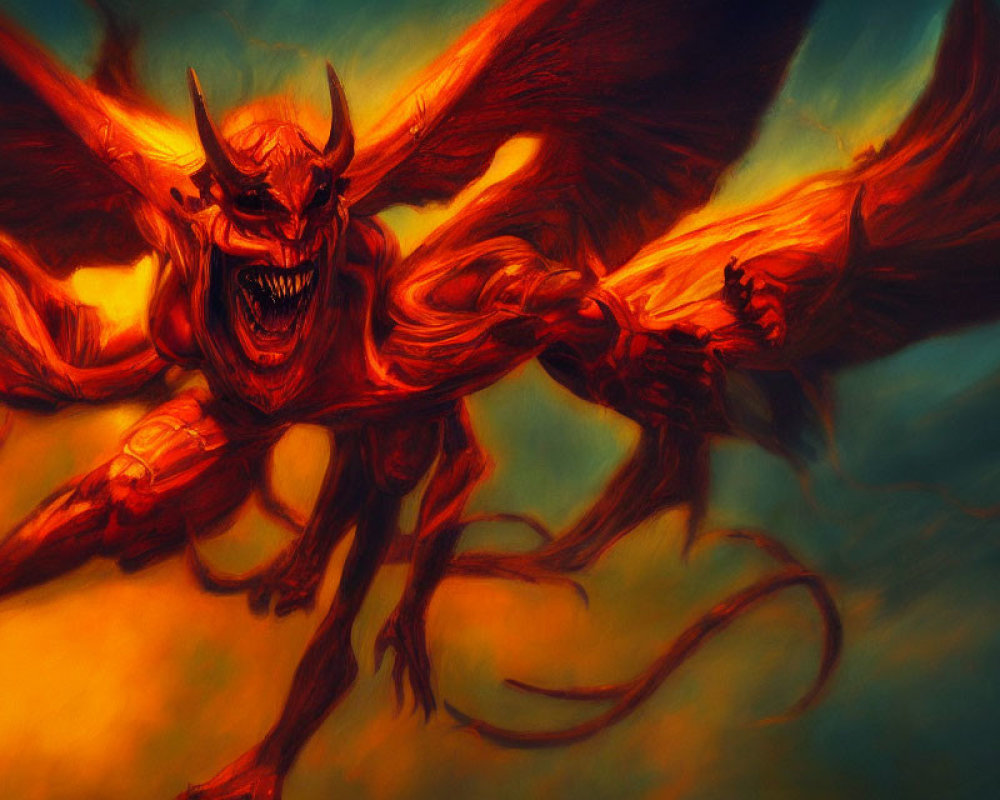 Fiery red and orange demonic creature with bat-like wings and sharp claws