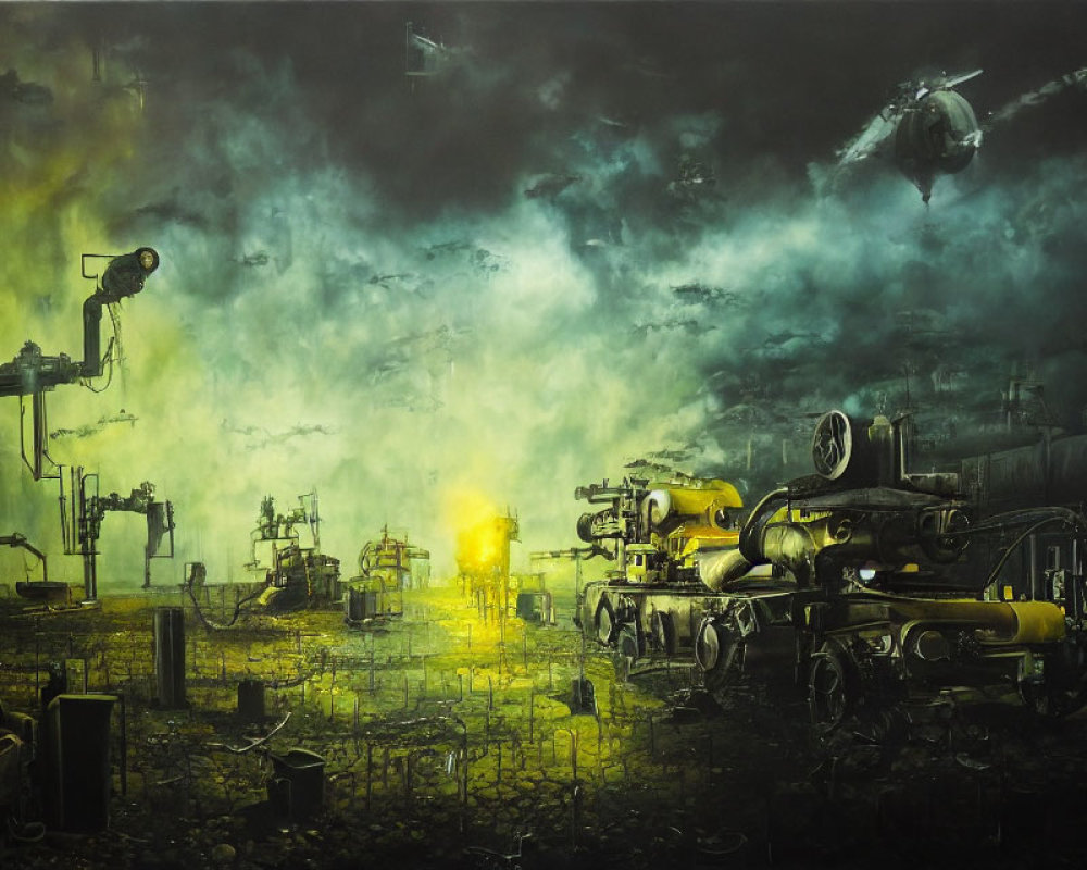 Dystopian industrial landscape with yellow-green haze, machinery, and flying crafts