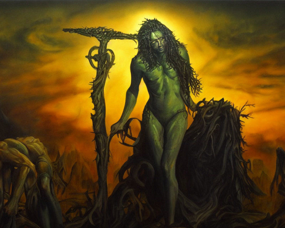 Green-skinned figure with staff in dystopian landscape under orange sky