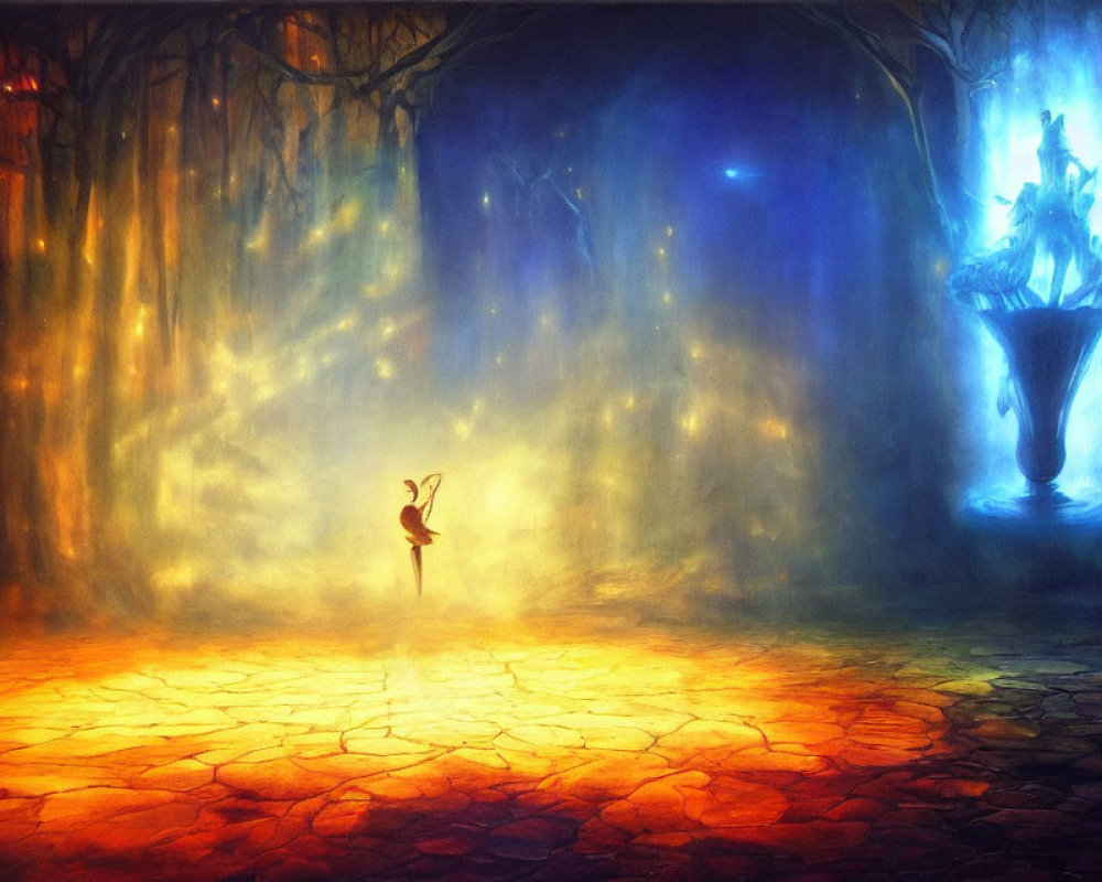 Enchanting forest scene with humanoid figure and glowing statue