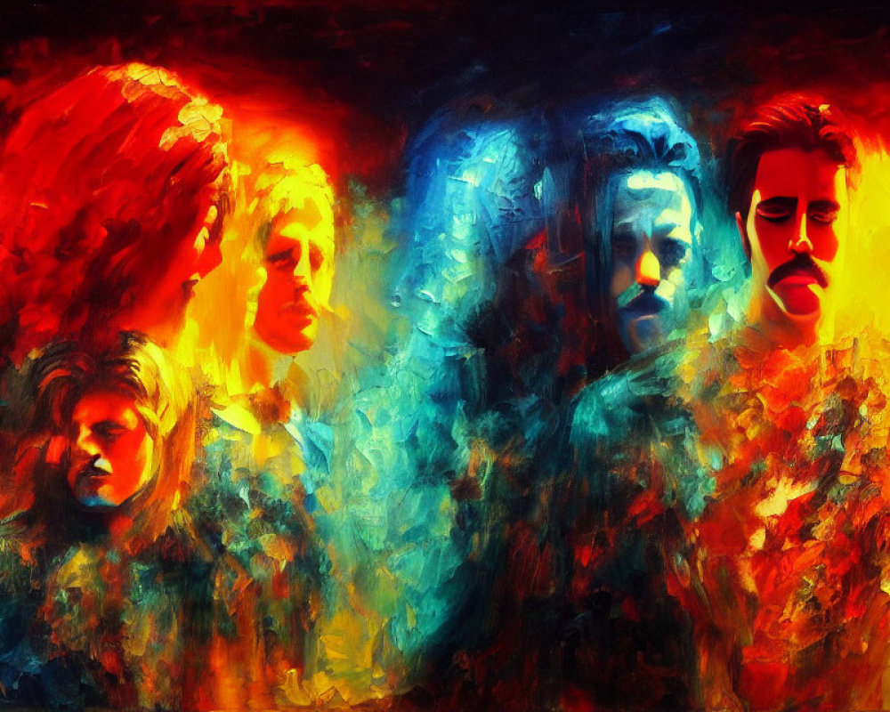 Abstract painting of overlapping faces in fiery background with vibrant colors