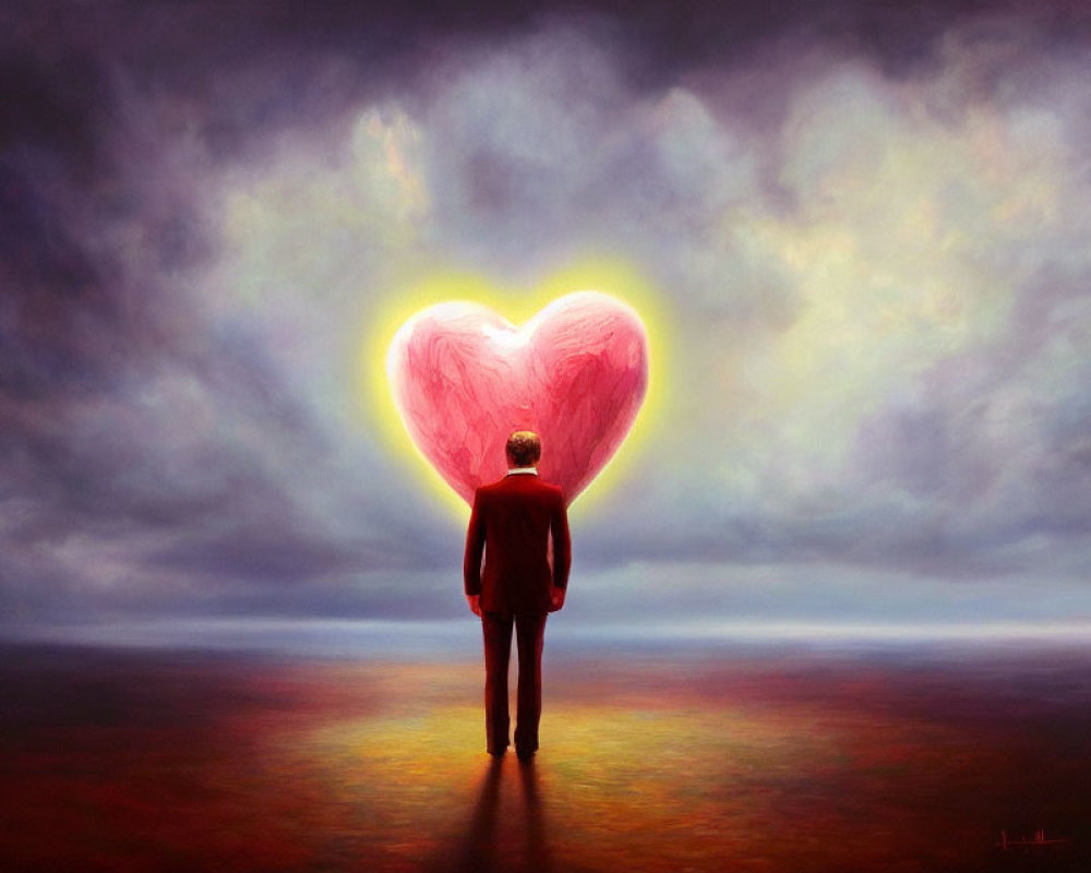 Man standing in front of glowing heart-shaped object on red and yellow background