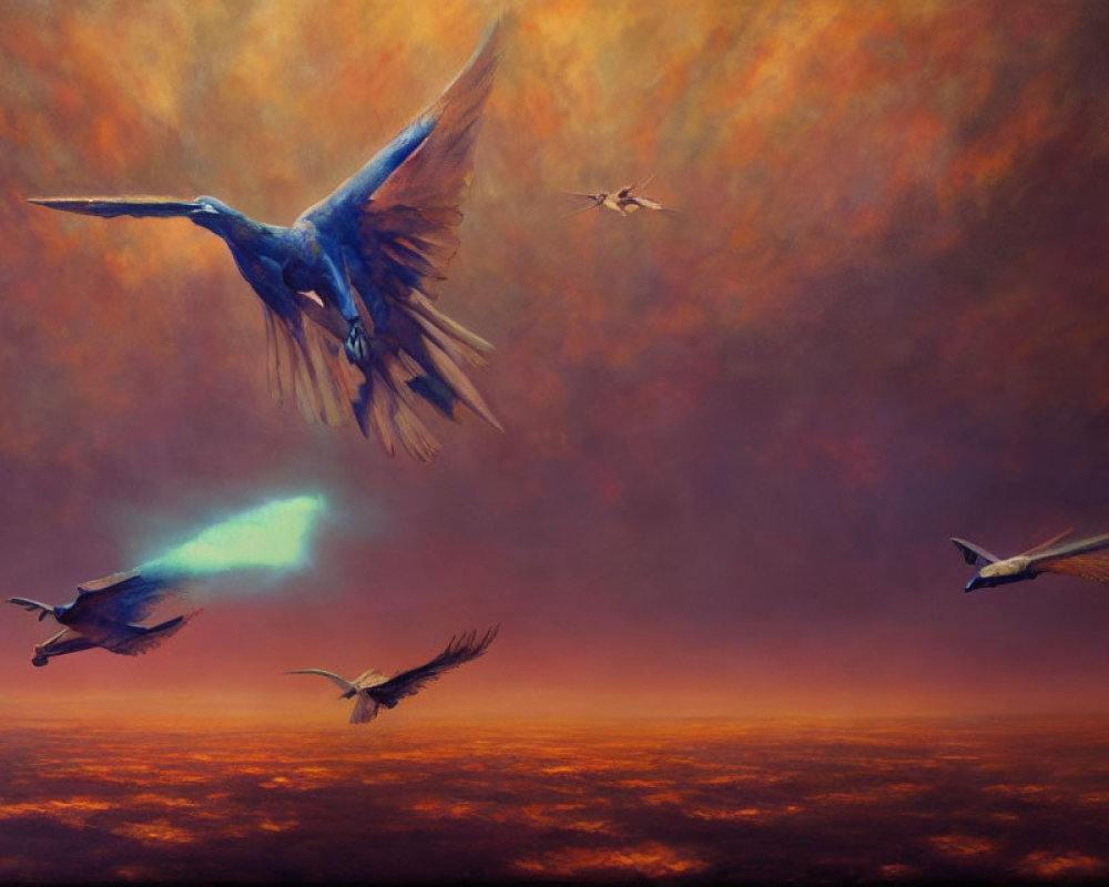 Birds flying in vibrant sky with orange and red hues and illuminated bird